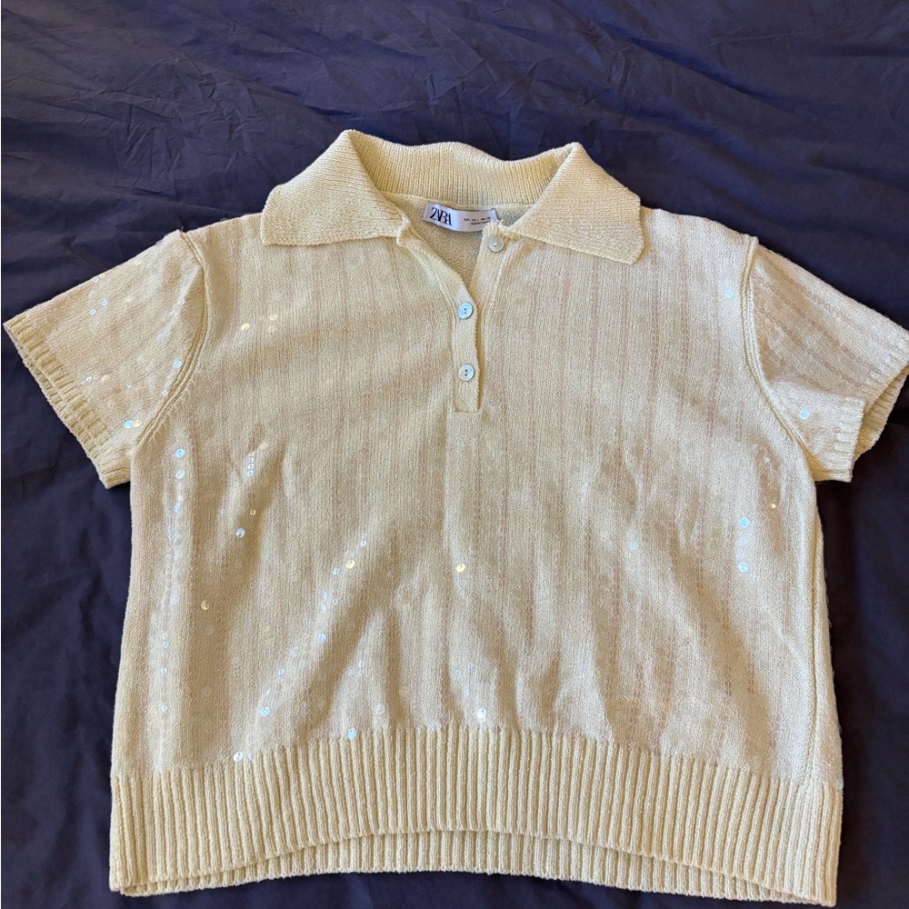 Zara Butter Yellow Polo Shirt with Sequins